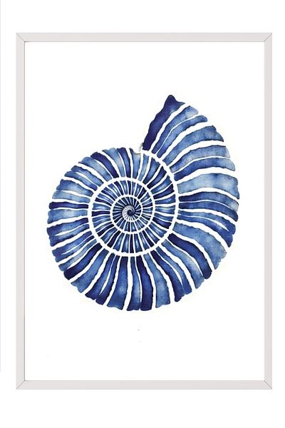 Postifull White Framed Painting, Blue Seashell, Illustration, Blue Color Poster, 2025 Summer Selection, No:10972