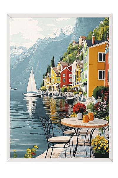 Postifull White Framed Painting, Table, Houses, Sailboat, Impressionist, Flat Illustration, Multicolor, Blue Color Pos