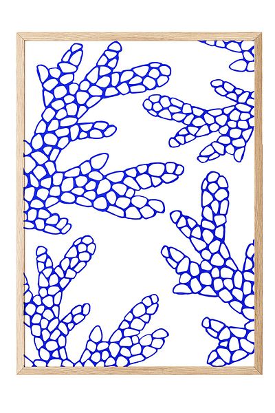 Postifull Wooden Framed Painting, Coral, Pattern, Illustration, Blue, White Color Poster, 2025 Summer Selection, No:10