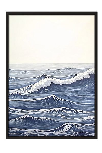 Postifull Black Framed Painting, Big Sea Waves, Illustration, Blue Color Poster, 2025 Summer Selection, No:1