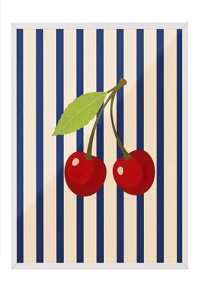 Postifull White Framed Painting, Sweet Cherries, Illustration, Maximalist, Blue Color Poster, 2025 Summer Selection,