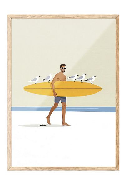 Postifull Wooden Framed Poster Painting, Birds and Surfer, Illustration, Yellow Color Poster, 2025 Summer Selection, No