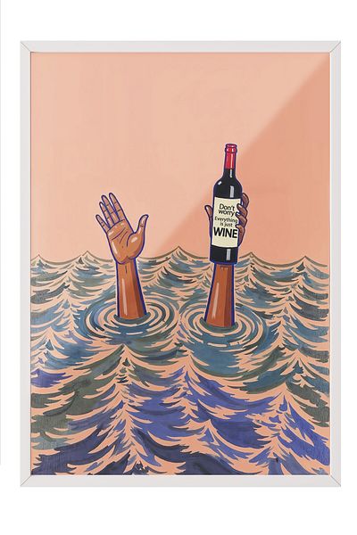 Postifull White Framed Painting, Don'T Worry, Just Wine, Illustration, Red Color Poster, 2025 Summer Selection