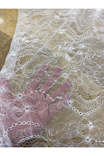 METERİAL Beyaz Lez Dantel Kumaş – 140 cm En, Çiçek Desenli Şeffaf Tül