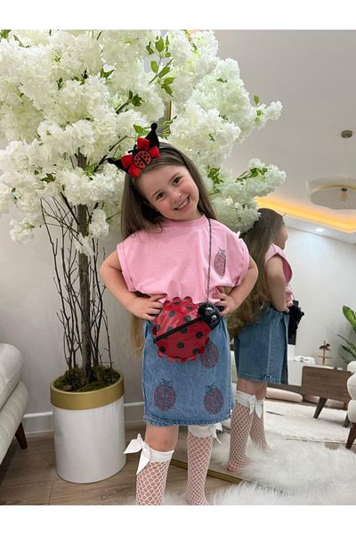GÖKJOY BUTİK Uğur Böcek Stone Detail Jeans Skirt Shorts Set of 4 Including Crown and Bag