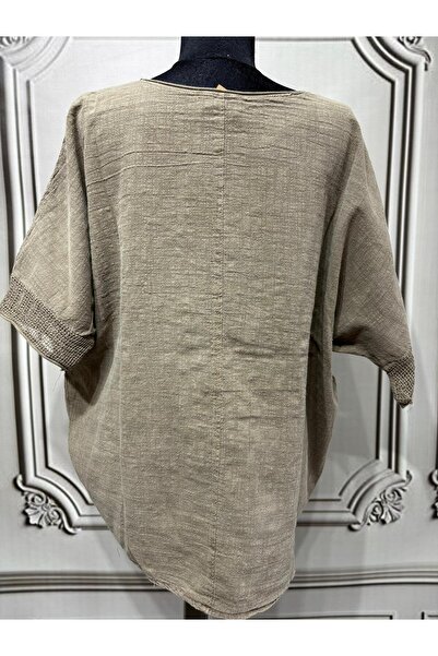 AGORATEKSTİL Γυναικεία Oversize Ανάγλυφη Διχτυωτή Μπλούζα 100% Λινό
