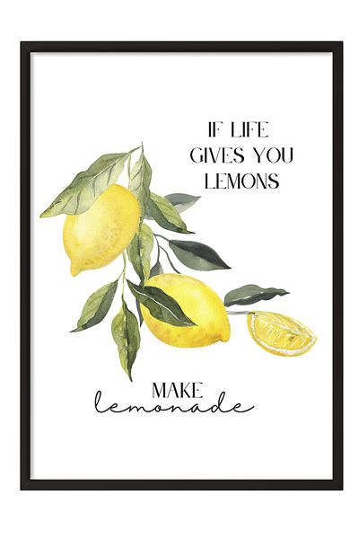 Postifull Black Framed Painting, Lemons, Leaves, Text, Watercolor, Typography Based, Yellow, Green Color Pos