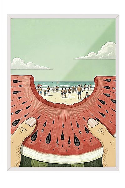 Postifull White Framed Painting, Watermelon Slice, Illustration, Maximalist, Red Color Poster, 2025 Summer Selection