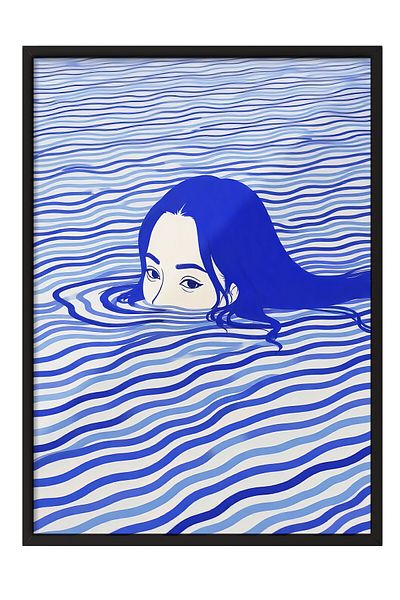 Postifull Black Framed Painting, Floating Woman, Illustration, Blue Color Poster, 2025 Summer Selection, No:109719