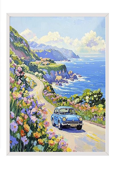 Postifull White Framed Painting, Car, Flower, Road, Impressionist, Blue, Pastel Tones Color Poster, 2025 Summer Flake