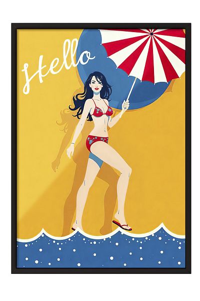 Postifull Black Framed Painting, Hello Summer, Illustration, Maximalist, Yellow Color Poster, 2025 Summer Selection, No