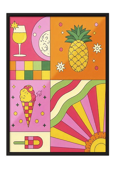 Postifull Pictură cu cadru negru, Elemente de vară, Ilustrație maximalistă, Poster de culoare roz, Selecția de vară 2025, NU