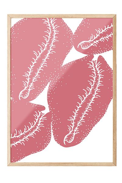 Postifull Wooden Framed Painting, Leaves, Illustration, Pink, White Color Poster, 2025 Summer Selection, No:10984