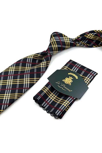Kravatkolik Black Plaid Pattern Classic Tie with Handkerchief Kk13199