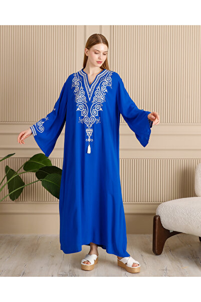 EL jadida Rochie lungă din viscoză cu mâneci brodate pentru damă Saks Blue