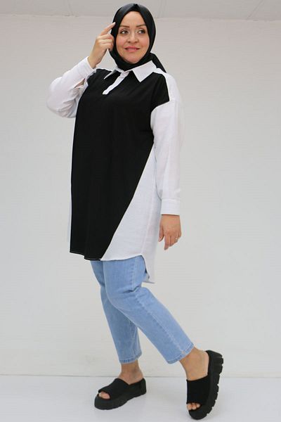 Eslina 58032 Large Size Muslin Tunic with Combed Cotton Detail on the Front - Black