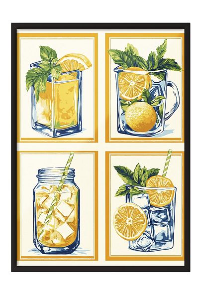 Postifull Black Framed Painting, Glass, Lemon, Ice, Illustration, Flat Illustration, Orange, Green Color Poster,