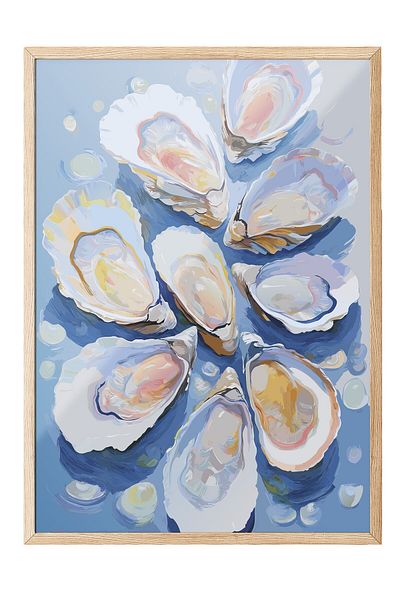 Postifull Wooden Framed Painting, Oysters, Shells, Illustration, Impressionist, Blue, Pastel Tones Color