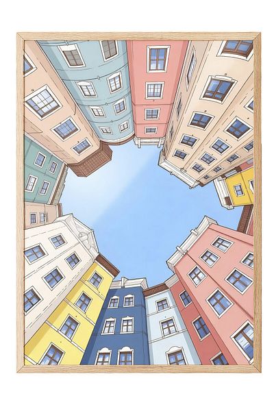 Postifull Wooden Framed Poster, Colorful Buildings, Illustration, Pink Color Poster, 2025 Summer Selection, No:109535