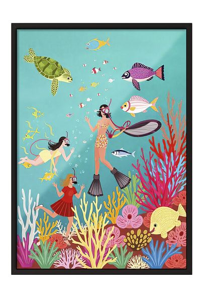 Postifull Black Framed Painting, Sea Exploration, Illustration, Maximalist, Colorful Color Poster, 2025 Summer Selection