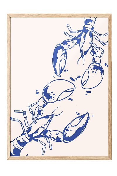 Postifull Wooden Framed Painting, Lobster, Illustration, Blue, Beige Color Poster, 2025 Summer Selection, No:109831