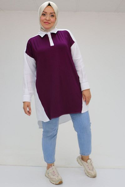 Eslina 58032 Large Size Muslin Tunic with Combed Cotton Detail on the Front - Plum