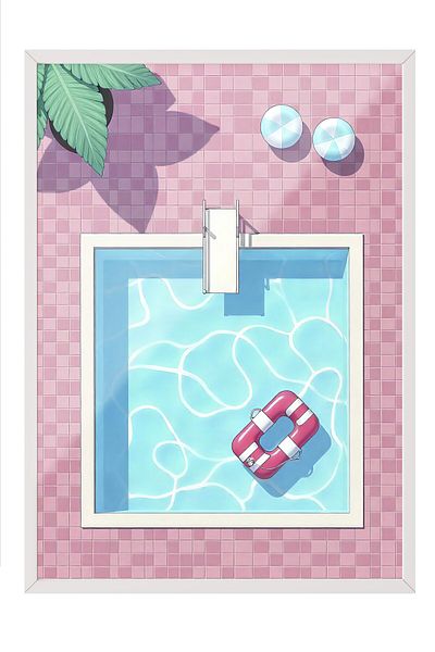 Postifull White Framed Poster, Pool, Illustration, Pink Color Poster, 2025 Summer Selection, No:109590