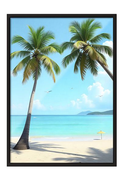 Postifull Black Framed Painting, Palm Trees, Illustration, Maximalist, Blue Color Poster, 2025 Summer Selection