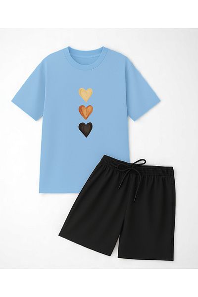 uyguntarz Unisex 3 Heart Printed Design Shorts Set