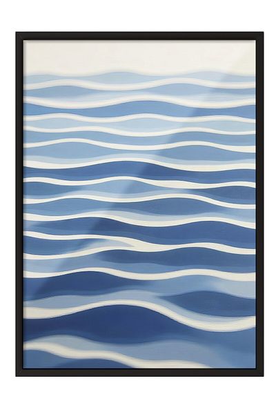 Postifull Black Framed Poster, Sea Waves, Illustration, Blue Color Poster, 2025 Summer Selection, No:109691