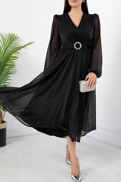 Neşeli Butik Women's Belt and Wadding Detail Glitter Midi Dress Rymy3590