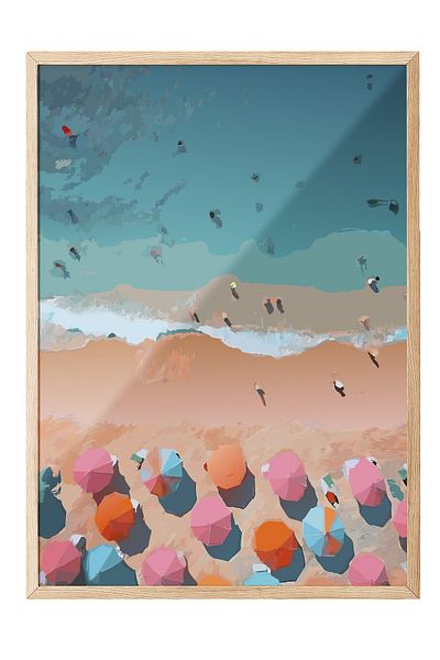 Postifull Wood Framed Painting, Beach, Umbrellas, Ocean, Illustration, Contemporary, Multicolor, Blue Color