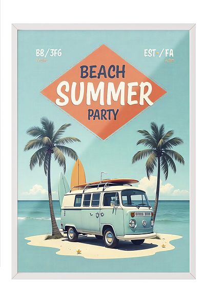 Postifull White Framed Painting, Summer Beach Party, Illustration, Maximalist, Blue Color Poster, 2025 Summer Selection