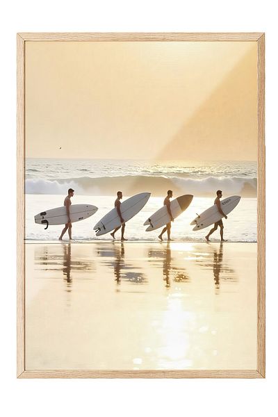 Postifull Wood Framed Poster, Four Surfers, Photo, Yellow Color Poster, 2025 Summer Selection, No:109534