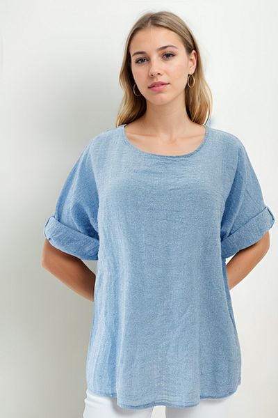 Vitrin Wide Collar Half Sleeve Linen Blouse