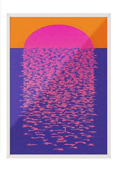 Postifull White Framed Painting, Reflection of the Sun, Illustration, Maximalist, Blue Color Poster, 2025 Summer Stencil
