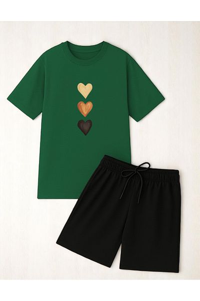 uyguntarz Unisex 3 Heart Printed Design Shorts Set
