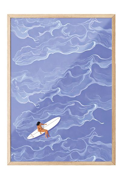 Postifull Wood Framed Poster Painting, Female Surfer, Illustration, Blue Color Poster, 2025 Summer Selection, No:109