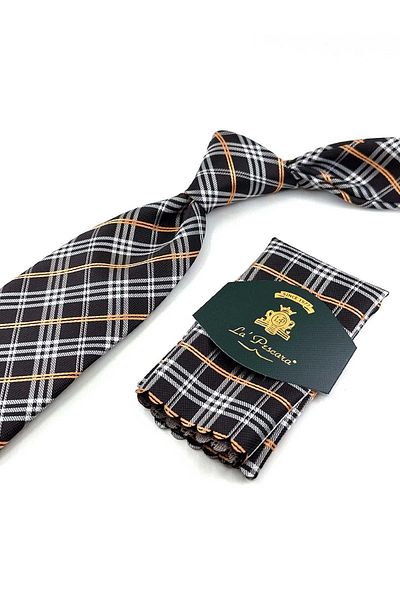 Kravatkolik Brown Plaid Pattern Classic Tie with Handkerchief Kk13202