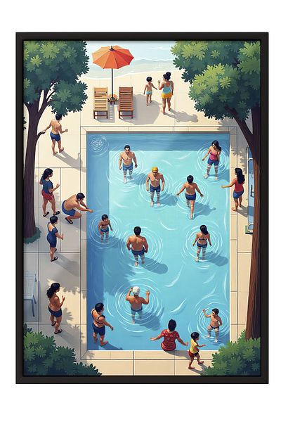Postifull Black Framed Painting, Crowd in the Pool, Illustration, Maximalist, Blue Color Poster, 2025 Summer Flake