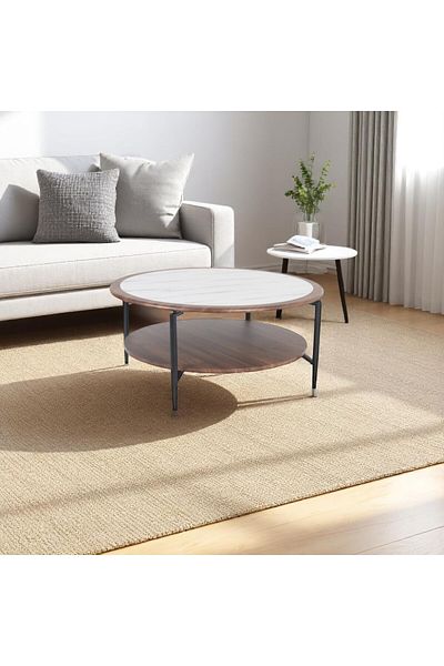 mr-everything A large circular coffee table with a design that combines the luxury of white marble with the warmth of walnut wood, with a practical lower shelf for storage.