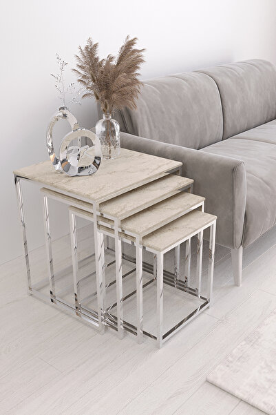 Puklife Duru 4'lü Kare Zigon Sehpa Seti Gümüş Renk Ayak, Traverten Mdf