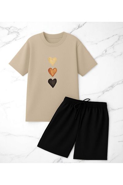 uyguntarz Unisex 3 Heart Printed Design Shorts Set