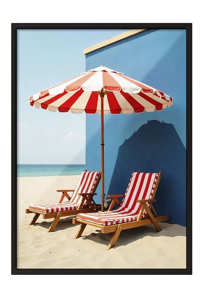 Postifull Black Framed Painting, Beach Sunbed, Photo, Red Color Poster, Summer Selection 2025, No:109704