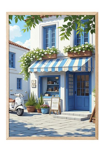 Postifull Wooden Framed Poster Painting, Intimate Cafe, Illustration, Blue Color Poster, 2025 Summer Selection, No:1095
