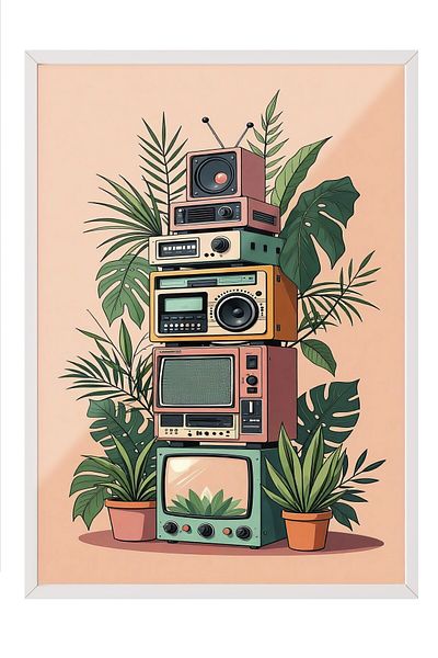 Postifull White Framed Painting, Radios, Illustration, Maximalist, Green Color Poster, 2025 Summer Selection, No:1