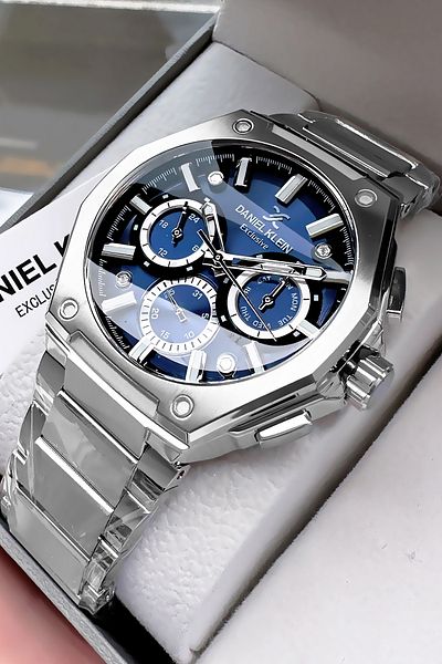 Daniel Klein Exclusive Men's Wrist Watch 3 Atm Waterproof Silver Blue Color Steel Cord Gift Bracelet Dke2132C1