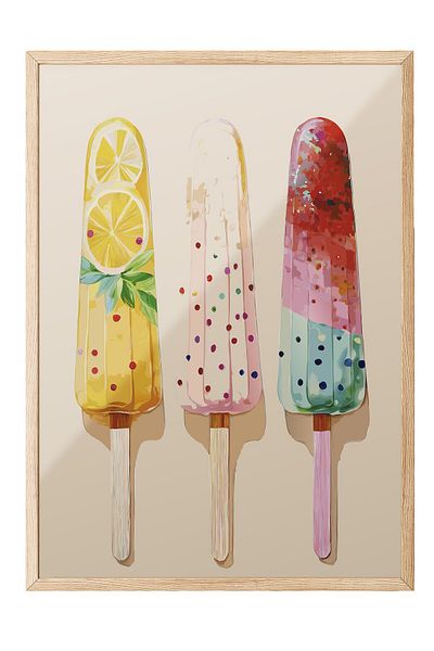 Postifull Wooden Framed Painting, Ice Cream, Lemon, Illustration, Whimsical, Pastel Tones, Multicolor Color Post
