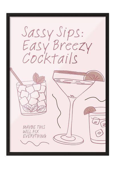 Postifull Black Framed Painting, Cocktails, Text, Illustration, Minimalist, Pink, Pastel Tones Color Poster