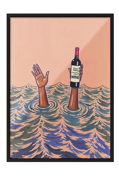 Postifull Black Framed Painting, Don'T Worry, Just Wine, Illustration, Red Color Poster, 2025 Summer Selection
